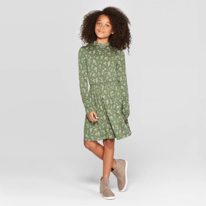 Girls' Long Sleeve Mock Neck Dress - Art Class Green S, Girl's,