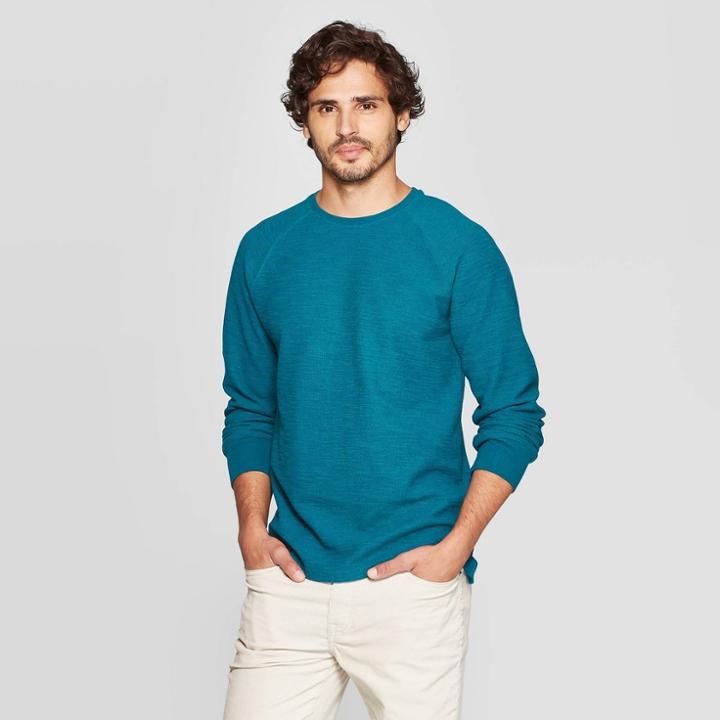 Men's Standard Fit Long Sleeve Textured Crew Neck Shirt - Goodfellow & Co Coastal Wave 2xl, Coastal Blue