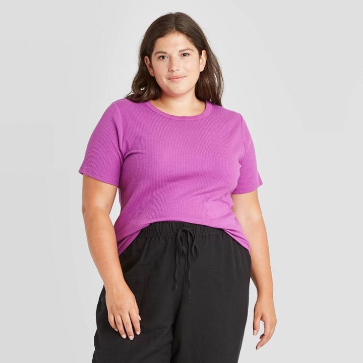 Women's Plus Size Short Sleeve Rib T-shirt - A New Day Purple