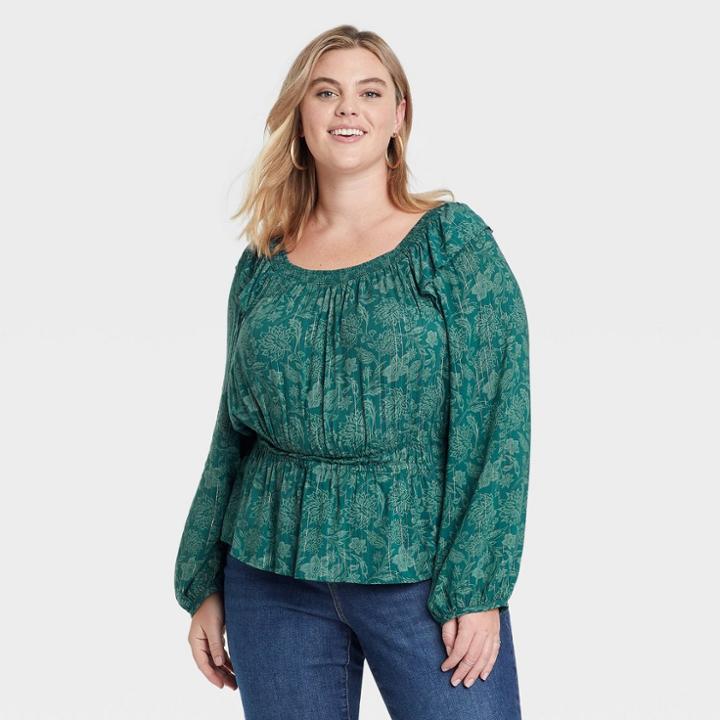 Women's Plus Size Balloon Long Sleeve Peplum Blouse - Universal Thread Teal Green Floral