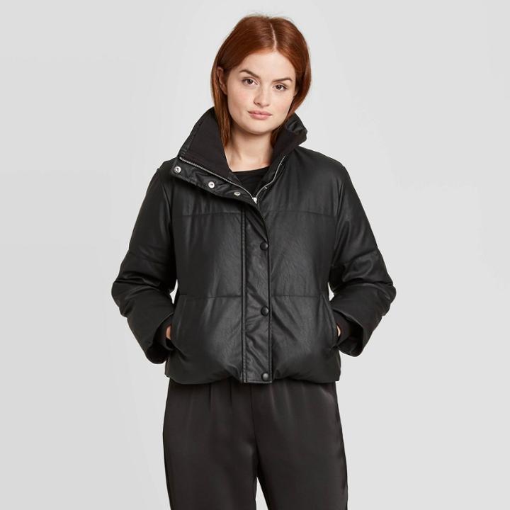 Women's Long Sleeve Cropped Faux Leather Puffer Jacket - Prologue Black