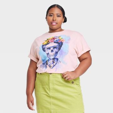 Jerry Leigh Women's Dia De Los Muertos Frida Short Sleeve Graphic T-shirt - Rose Gold