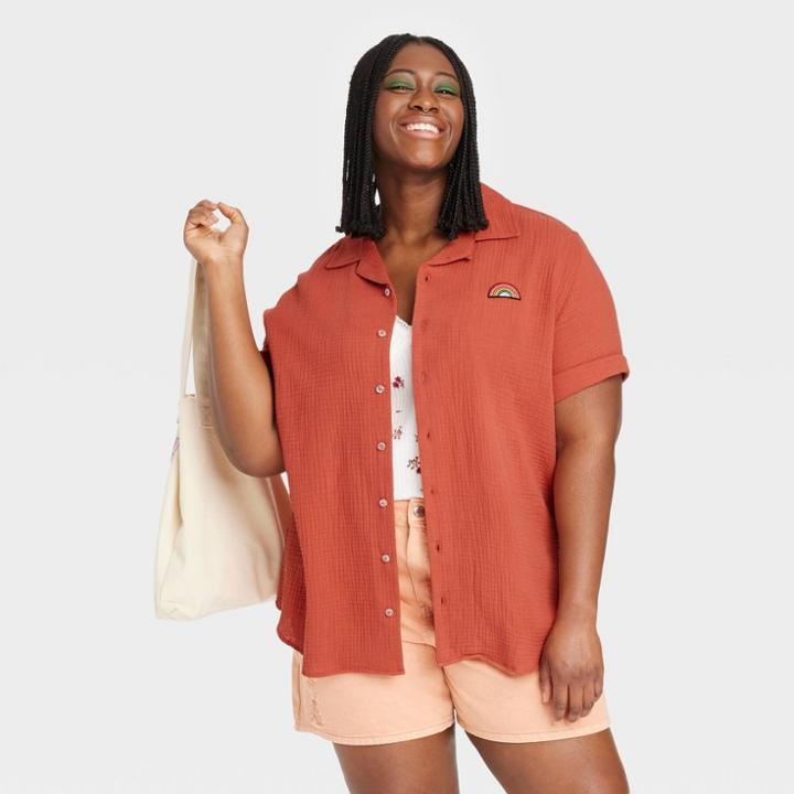 No Brand Pride Adult Plus Size Short Sleeve Woven Rainbow Patch Button-down