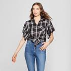 Women's Plaid Short Sleeve Tie Front Blouse - 3hearts (juniors') Black