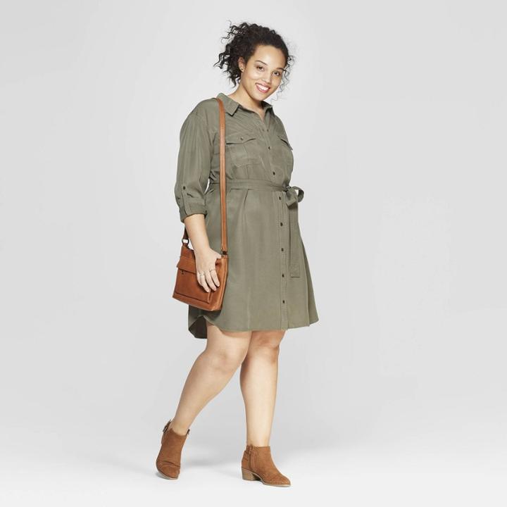 Women's Plus Size Long Sleeve Collared Shirtdress - Universal Thread Olive (green)
