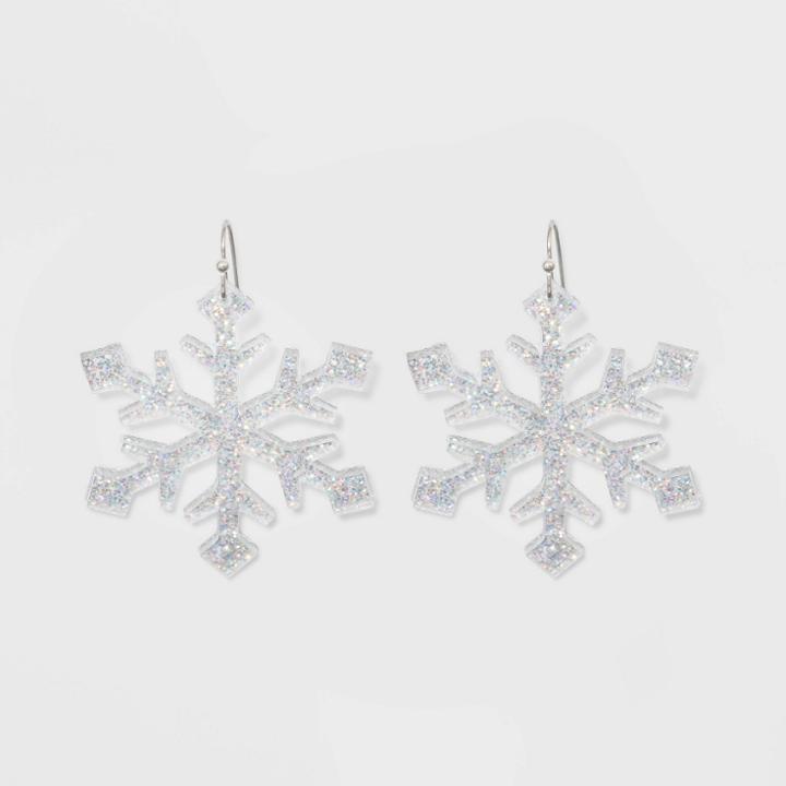 No Brand Glitter Snowflake Drop Novelty Earrings - Silver, Women's