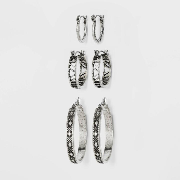 Antiqued Worn Silver Hoop Earring Set 3pc - Universal Thread