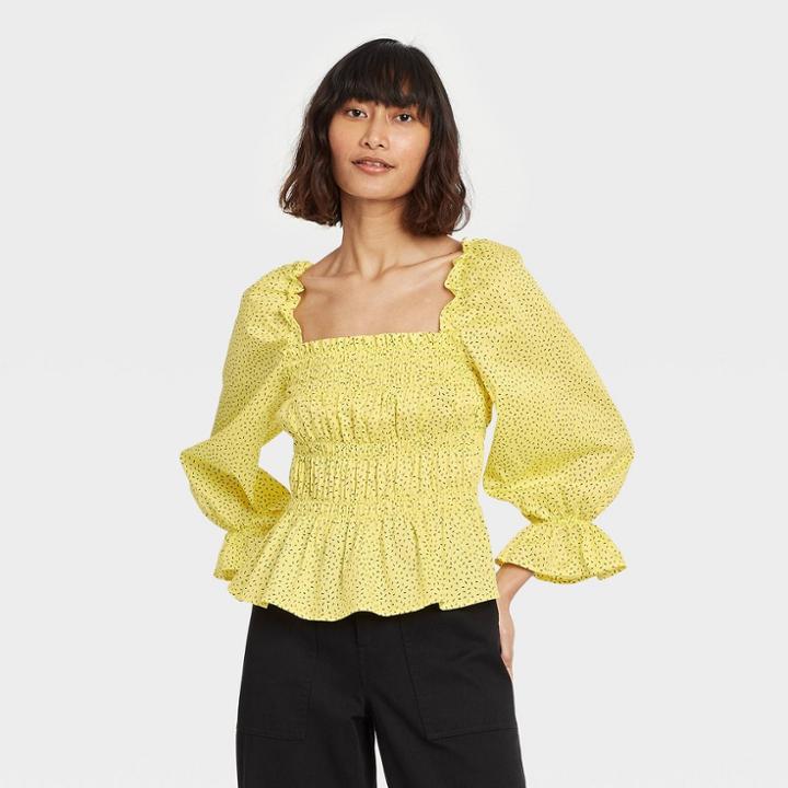 Women's Puff 3/4 Sleeve Smocked Peplum Top - Who What Wear Yellow