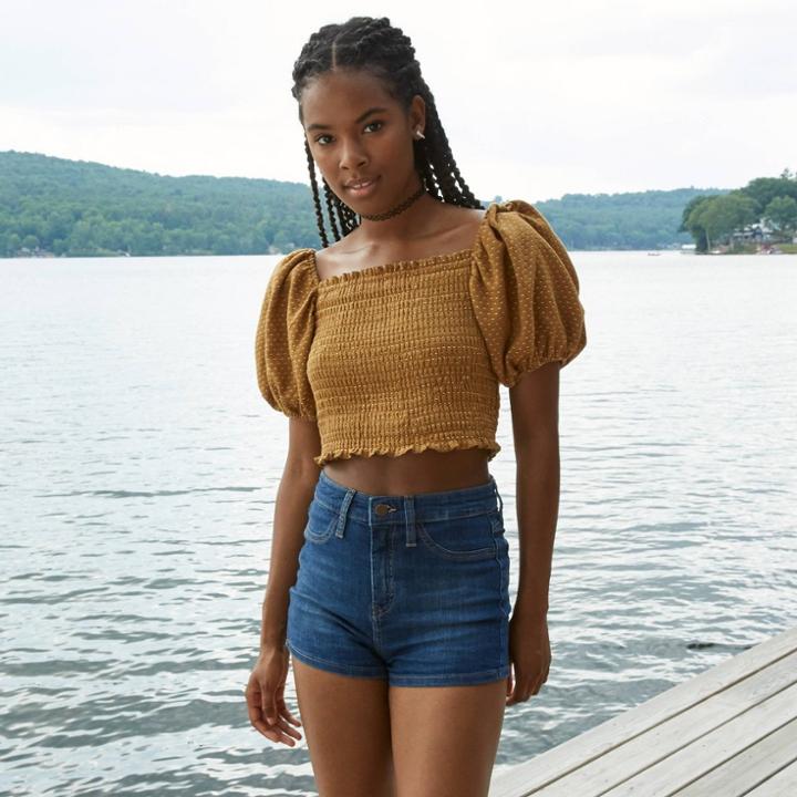 Women's Puff Short Sleeve Smocked Top - Wild Fable Gold