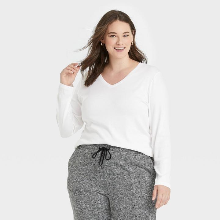 Women's Plus Size Long Sleeve V-neck Rib T-shirt - A New Day White