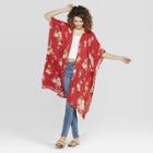 Women's Floral Print Tassel Short Sleeve Midi Length Kimono - Xhilaration Red