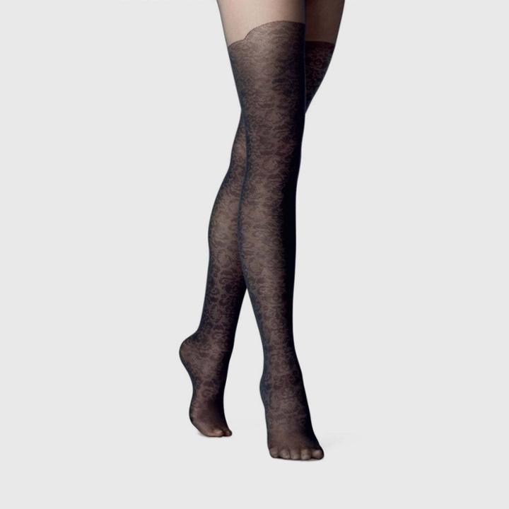 Women's Floral Faux Thigh High Tights - A New Day Black 1x/2x,