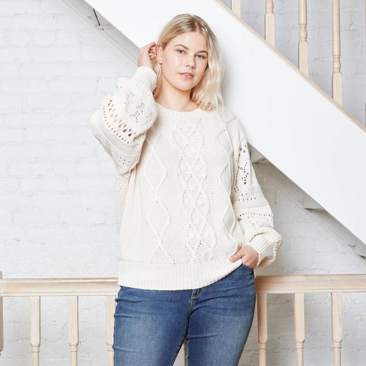 Women's Plus Size Crewneck Cable Knit Pullover Sweater - Universal Thread Cream