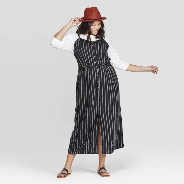 Women's Plus Size Striped Sleeveless V-neck Button Front Maxi Dress - Universal Thread Black