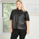 Women's Plus Size Faux Leather Puff Elbow Sleeve Button-down Shirt - Who What Wear Black
