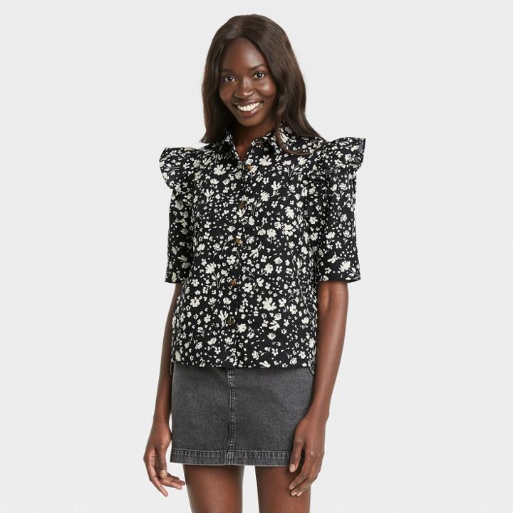 Women's Ruffle Elbow Sleeve Button-down Shirt - Who What Wear Jet Black