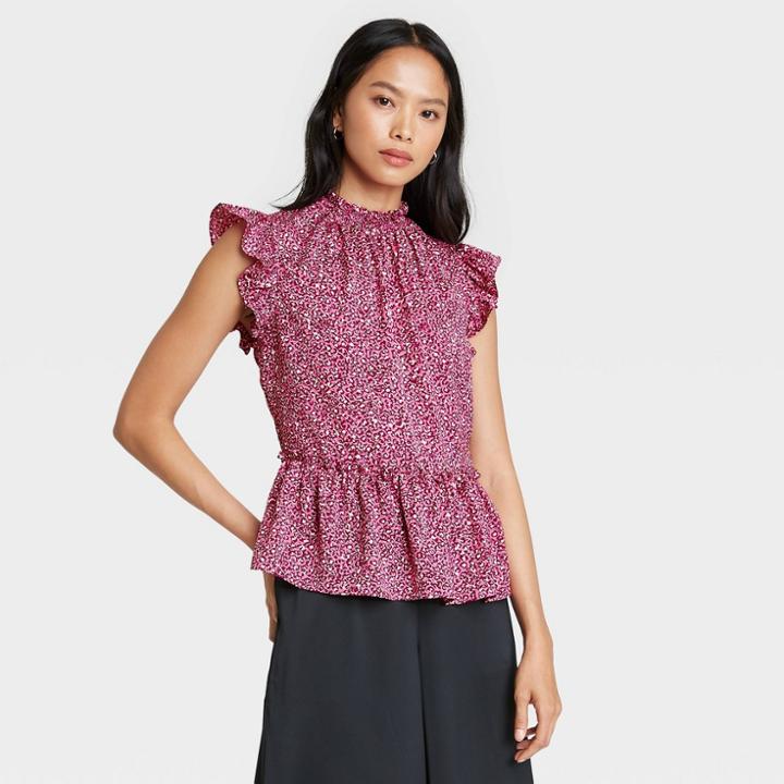 Women's Leopard Print Sleeveless Ruffle Top - Who What Wear Pink