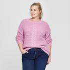Plus Size Women's Plus Long Sleeve Placed Cable Pullover Sweater - Ava & Viv Pink