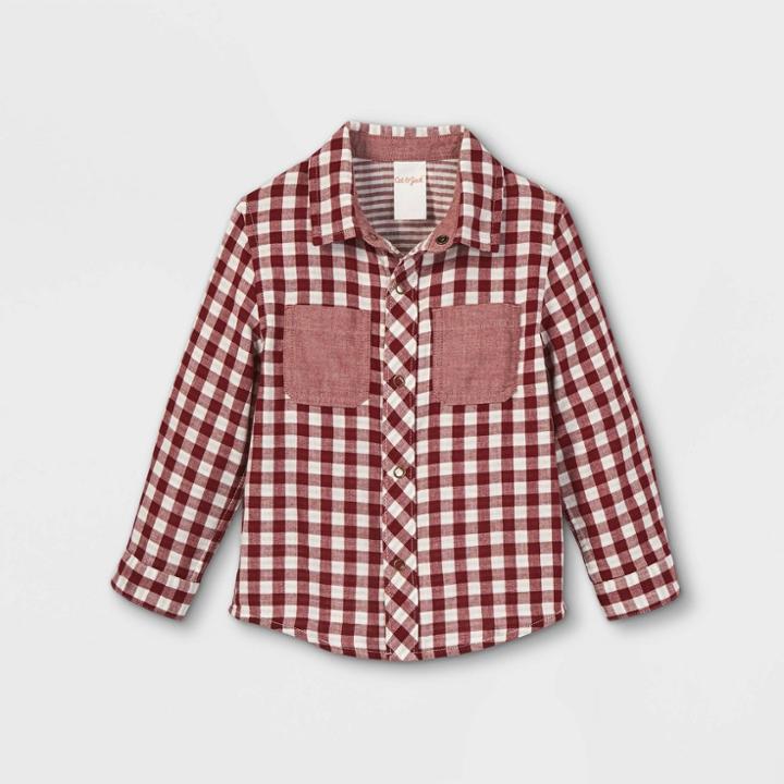 Toddler Boys' Double Knit Woven Long Sleeve Button-down Shirt - Cat & Jack Burgundy