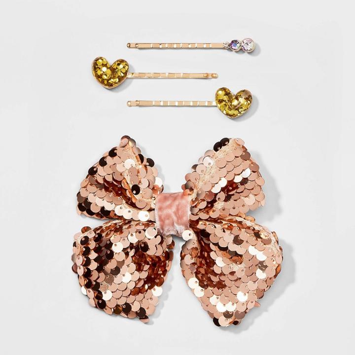 Girls' 4pk Heart Bobbie Pins With Sequin Bow Set - Cat & Jack Gold