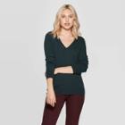 Women's Long Sleeve Ribbed Cuff V-neck Pullover Sweater - A New Day Dark Green