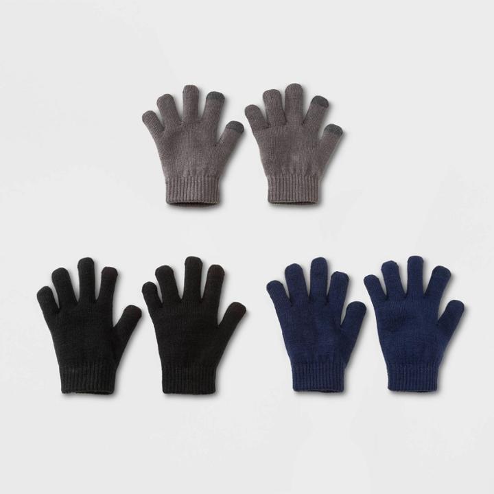 Boys' 3pk Gloves - Cat & Jack Gray/blue/black One Size, Iron Gray