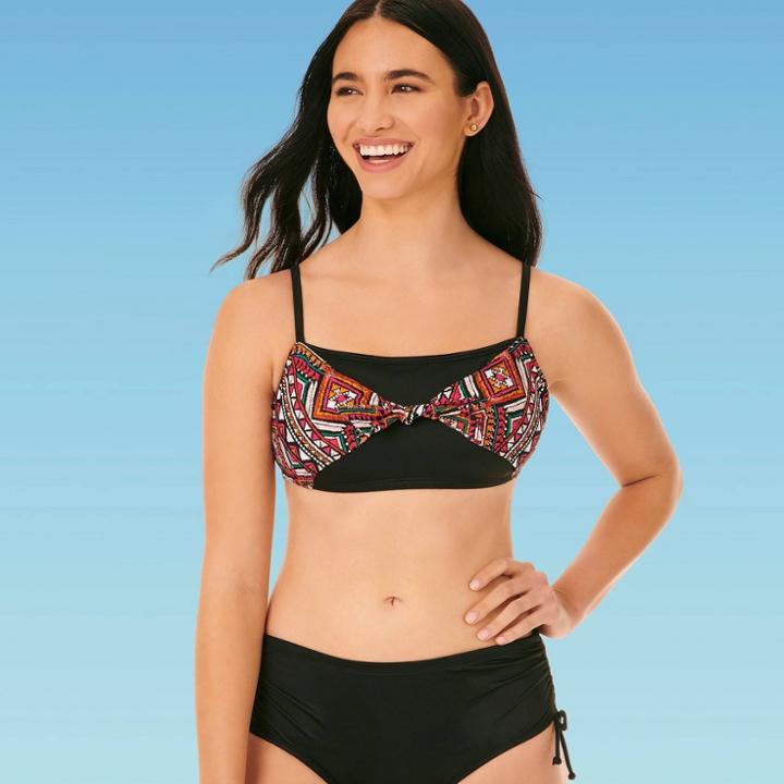 Women's Slimming Control Tie Front Bandeau Bikini Top - Beach Betty By Miracle Brands Multi Black S, Women's, Size: Small,
