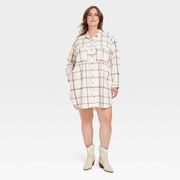 Women's Plus Size Long Sleeve Button-down Shirtdress - Universal Thread Cream Plaid 1x, Ivory Plaid