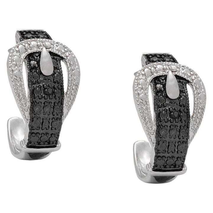 Distributed By Target Silver Overlay Diamond Accent Black And White Buckle Hoop Earrings