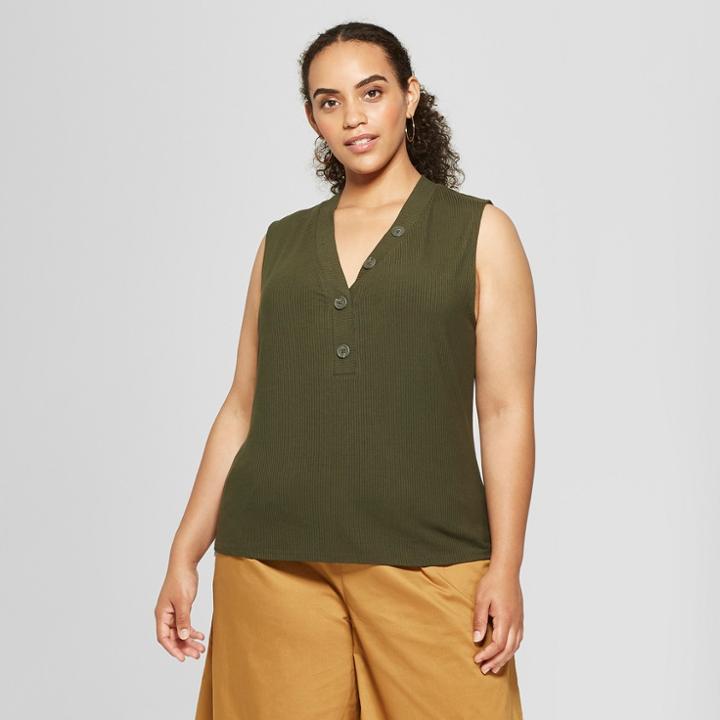 Women's Plus Size Button Detail Tank Top - Who What Wear Olive (green) X
