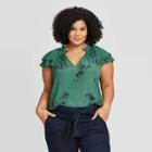 Women's Plus Size Floral Print Short Sleeve V-neck Top - A New Day Teal 1x, Women's, Size: