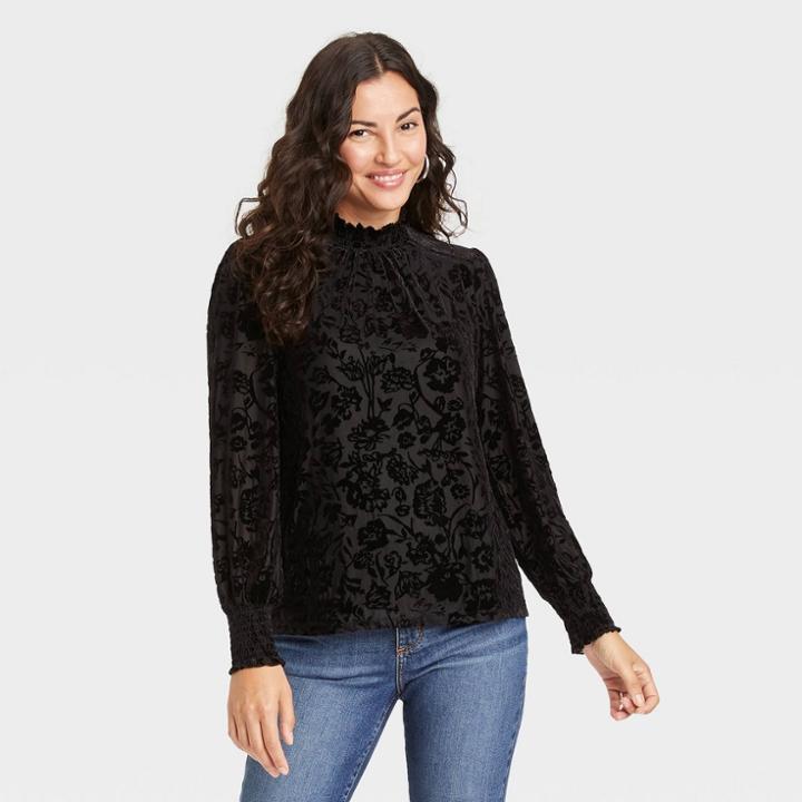 Women's Long Sleeve Mock Turtleneck Velour Blouse - Knox Rose Black Floral