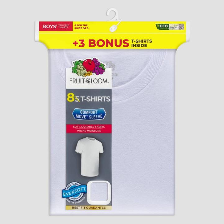 Fruit Of The Loom Boys' 5 + 3 Bonus Pack Crew T-undershirt - White