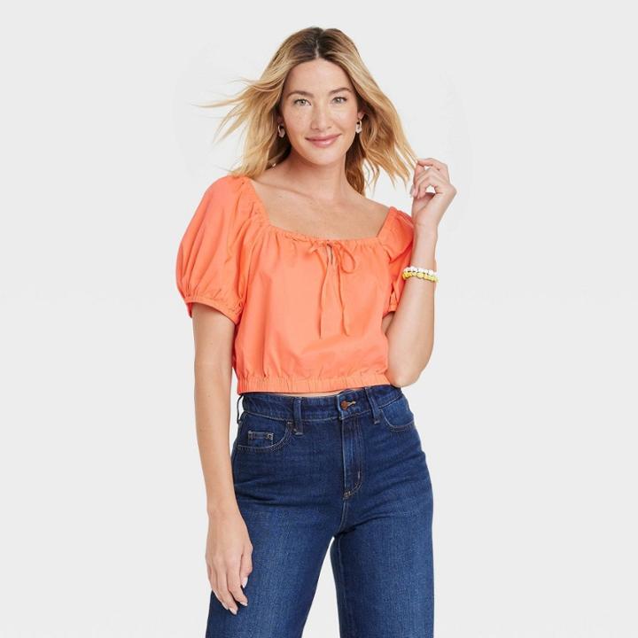 Women's Puff Short Sleeve Peasant Top - Universal Thread Orange