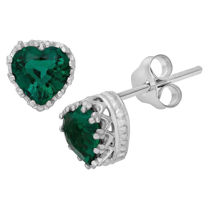 1 1/2 Tcw Tiara Sterling Silver Heart-cut Emerald Crown Earrings, Women's, Green