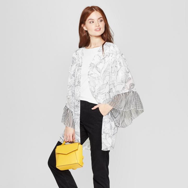 Women's Floral Print Kimono - A New Day Black/white