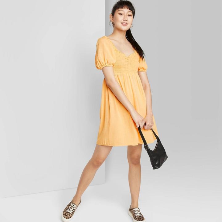 Women's Puff Short Sleeve Smocked Dress - Wild Fable Yellow