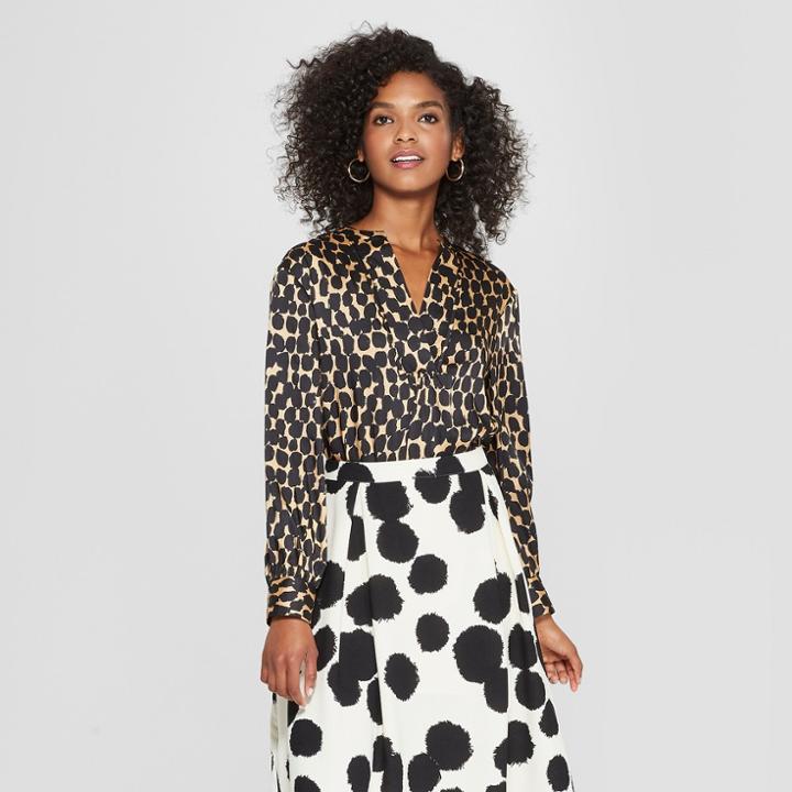 Women's Leopard Print Long Sleeve Silky Boho Popover Top - Who What Wear Yellow/black S, Yellow/black