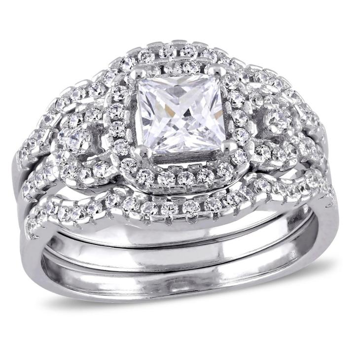 Allura 2 1/5 Ct. T.w. Square Cubic Zirconia Halo Bridal Set In Sterling Silver -