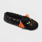 Women's Black Cat Flip Sequin Pull-on Slipper Socks With Grippers - Hyde & Eek! Boutique Black/orange