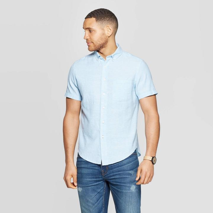 Men's Short Sleeve Linen Button-down Shirt - Goodfellow & Co Aqua Falls