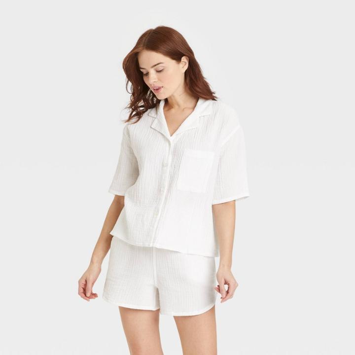 Women's 100% Cotton Short Sleeve Notch Collar Pajama Top - Stars Above White