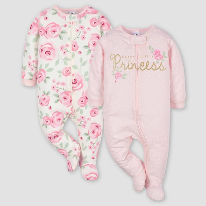 Gerber Baby 2pk Zip-front Floral Sleep N' Play - White/pink Newborn