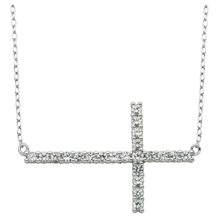 Prime Art & Jewel Sterling Silver Lab Created White Sapphire Cross Necklace With 16+3ext Chain, Girl's