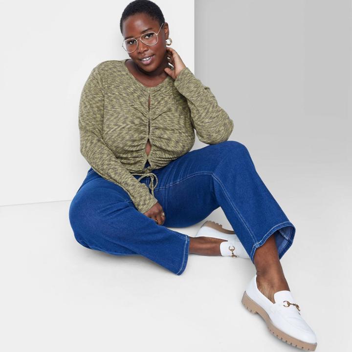 Women's Plus Size Long Sleeve Lace-up Cozy Knit Blouse - Wild Fable Green