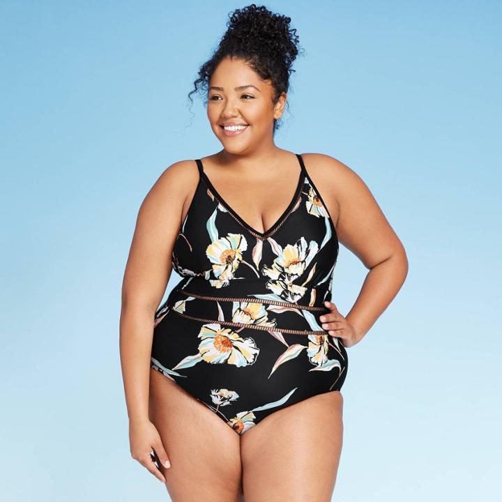 Women's Plus Size Ladder Trim One Piece Swim Suit - Kona Sol Black Floral 14w, Women's,