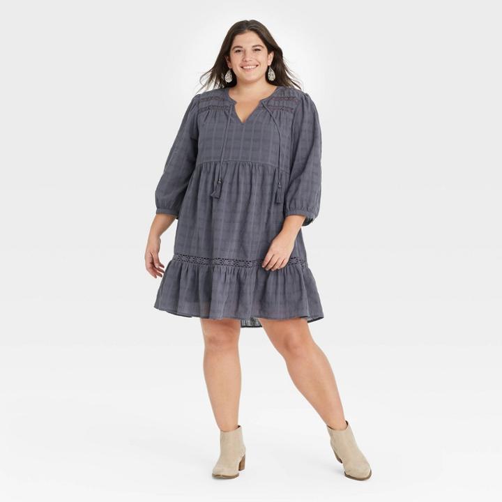 Women's Plus Size Long Sleeve Peasant Shift Dress - Knox Rose Charcoal Gray