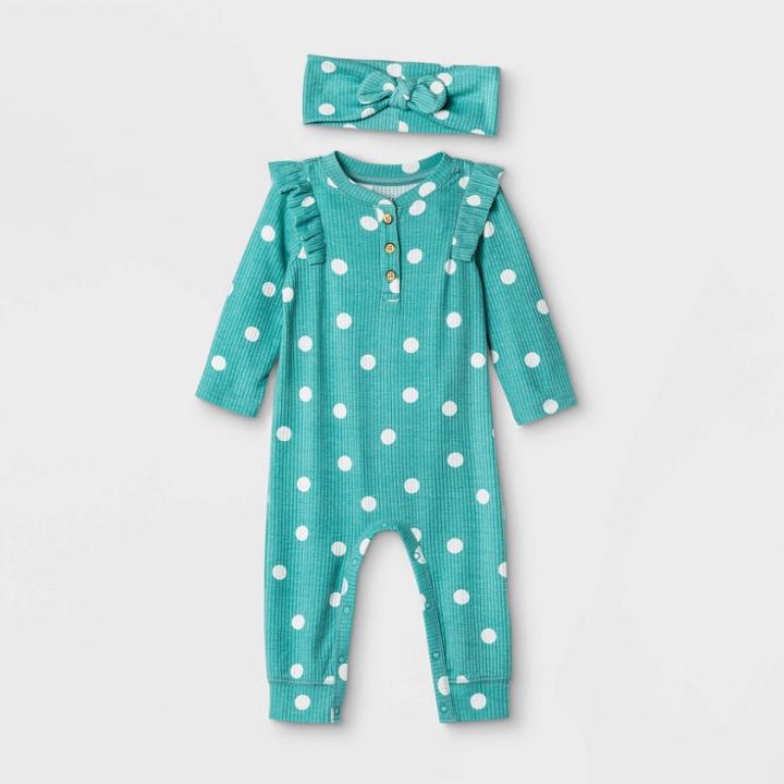 Baby Girls' Rib Polka Dot Romper With Headband - Cat & Jack Green Newborn