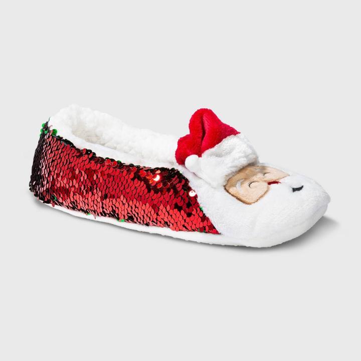 Women's Santa Pull-on Slipper Socks With Flip Sequins & Grippers - Wondershop Red/green