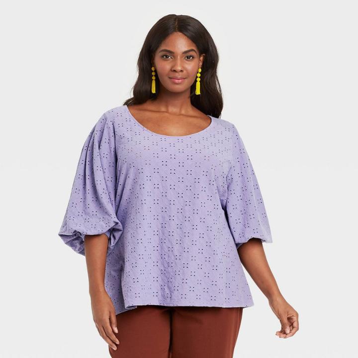 Women's Plus Size Knit Eyelet Top - Ava & Viv Purple X